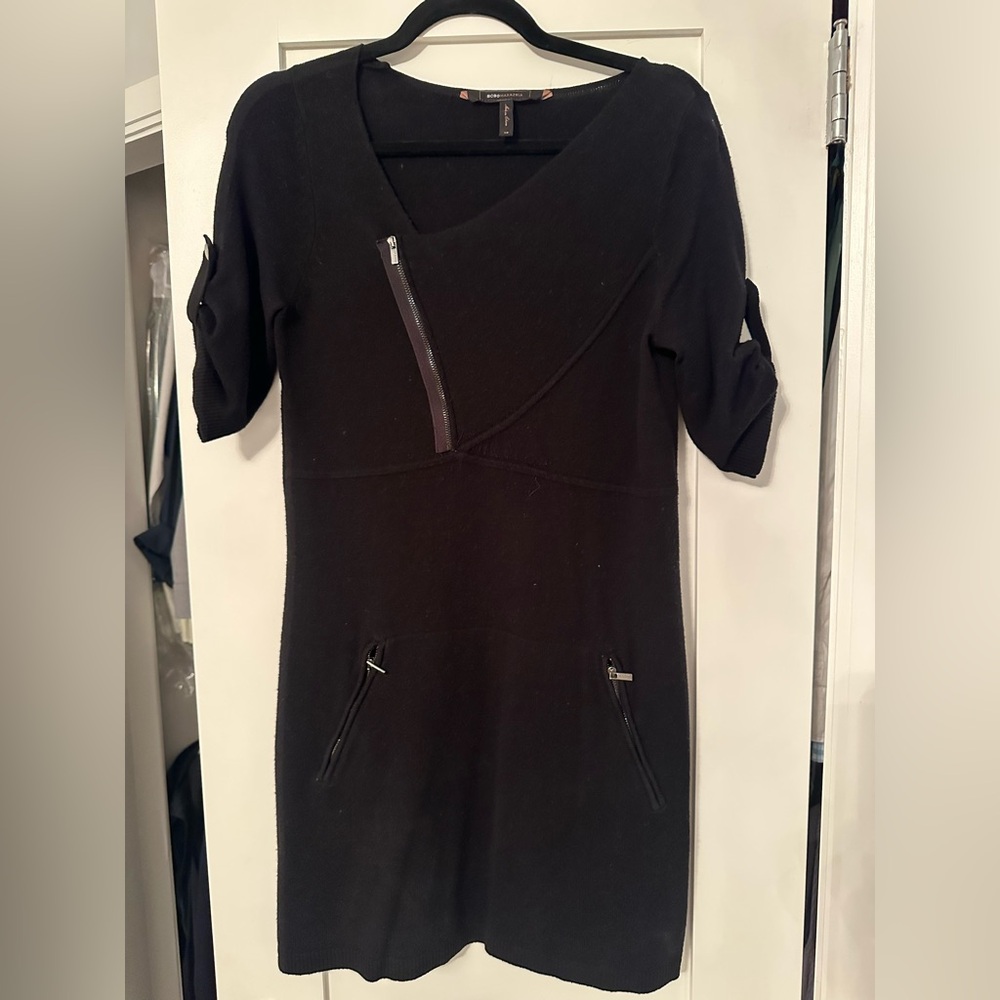 BCBG MAXAZRIA Zipper Black Wool Sweater Dress